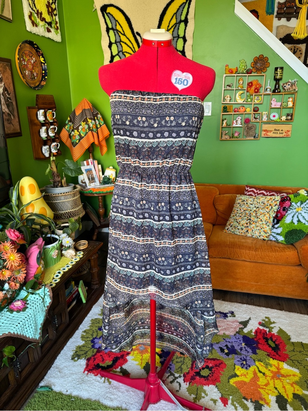 Boho High-Low Strapless Dress in Navy Floral